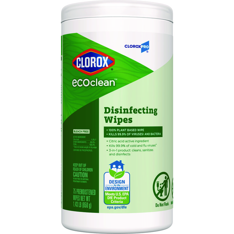Clorox CloroxPro EcoClean Disinfecting Wipes, 1-Ply, 8 x 7, Unscented, White, 75 Count (CLO60605EA)