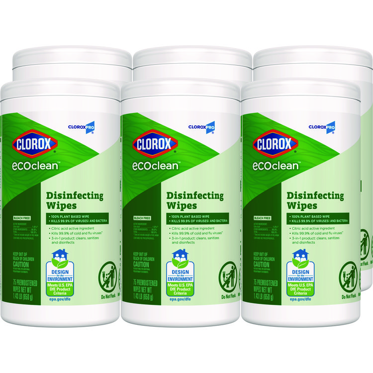 Clorox CloroxPro EcoClean Disinfecting Wipes, 1-Ply, 8 x 7, Unscented, White, 75 Count, 6/Carton (CLO60605CT)