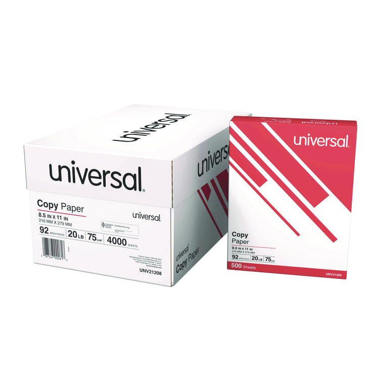 Universal Copy Paper Convenience Carton, 92 Bright, 20 lb Bond Weight, 8.5 x 11, White, 500 Sheets/Ream, 8 Reams/Carton (UNV21208)