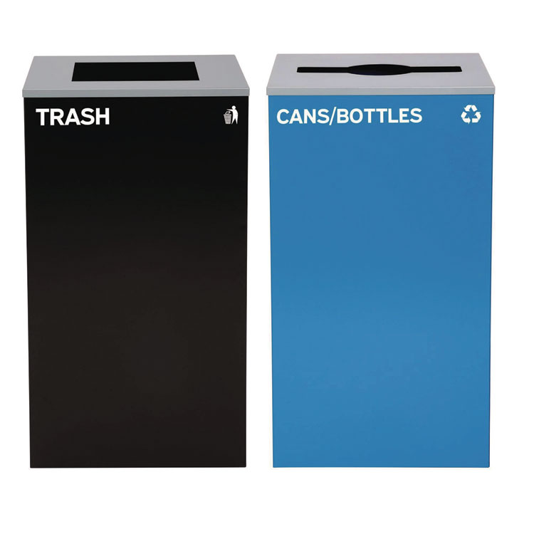 ALPINE INDUSTRIES 29 Gallon Trash/Recycling Cans, Steel, Blue Cans/Bottles Recycling with Mixed Lid, Black Trash Can with Square Lid (ALH4450BLKKIT5)