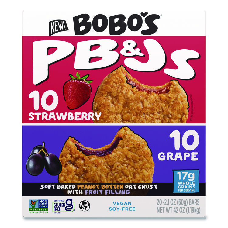 Bobo's PB and J Variety Pack, Peanut Butter/Grape and Peanut Butter/Strawberry, 2.1 oz Bar, 12/Box (BBO00478)