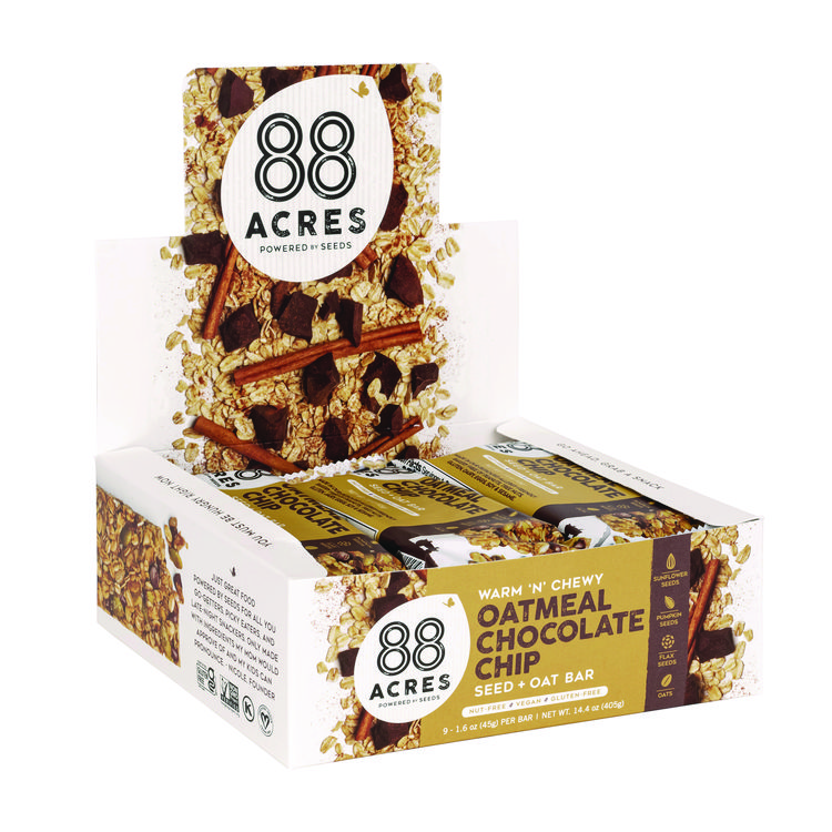88 ACRES Warm 'N Chewy Gluten-Free Oatmeal/Chocolate Chip Seed and Oat Bar, 1.6 oz Bar, 9/Box (AABACY11049)