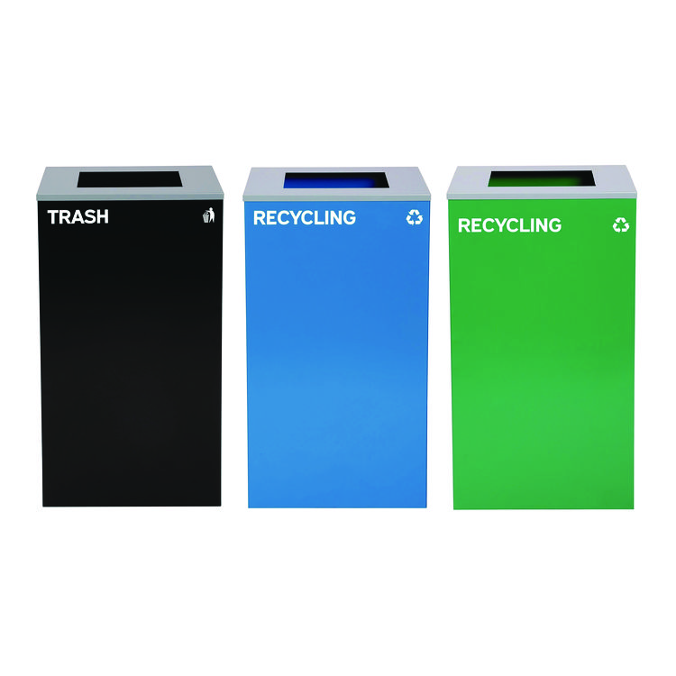 ALPINE INDUSTRIES 29 Gallon Trash/Recycling Cans, Steel, Blue Recycling Can, Green Recycling Can, Black Trash Can with Square Lids (ALH4450BLKKIT17)