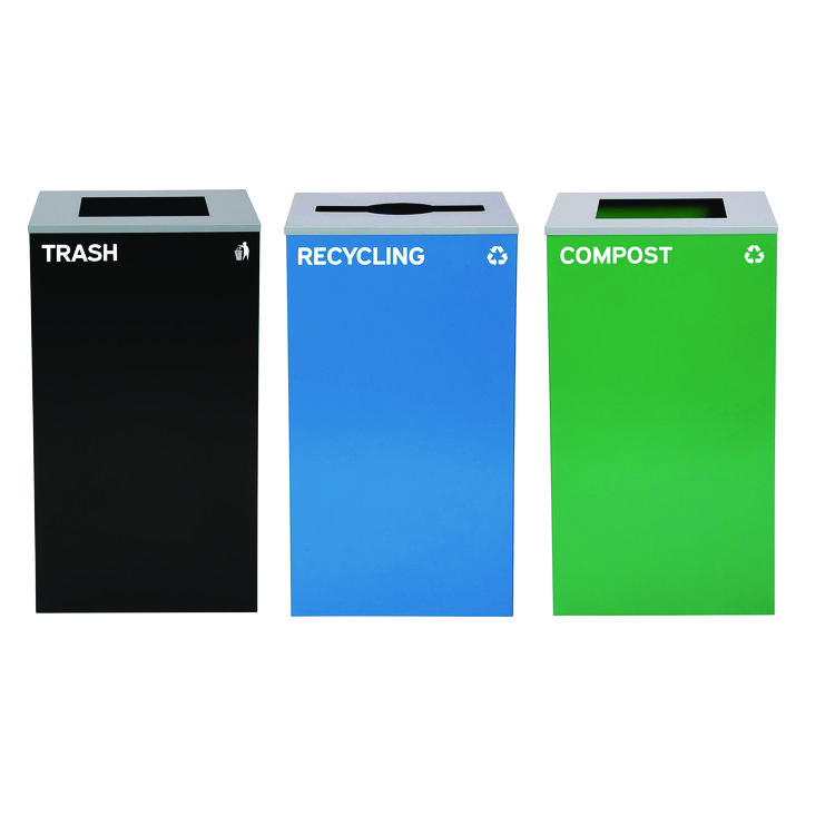 ALPINE INDUSTRIES 29 Gallon Trash/Recycling Cans, Steel, Blue Recycling Can/Mixed Lid, Green Compost Can and Black Trash Can with Square Lids (ALH4450BLKKIT18)