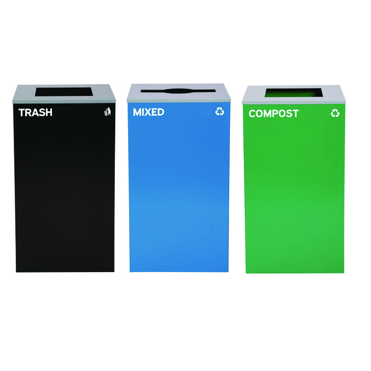 ALPINE INDUSTRIES 29 Gallon Trash/Recycling Cans, Steel, Blue Mixed Recycling Can w/Mixed Lid, Green Compost and Black Trash Cans w/Square Lids (ALH4450BLKKIT19)
