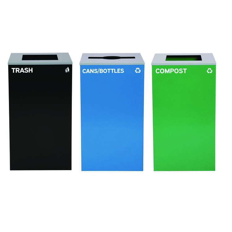 ALPINE INDUSTRIES 29 Gallon Trash/Recycling Cans, Steel, Blue Cans/Bottles Recycling Can w/Mixed Lid, Green Compost and Black Trash w/Sq Lid (ALH4450BLKKIT20)