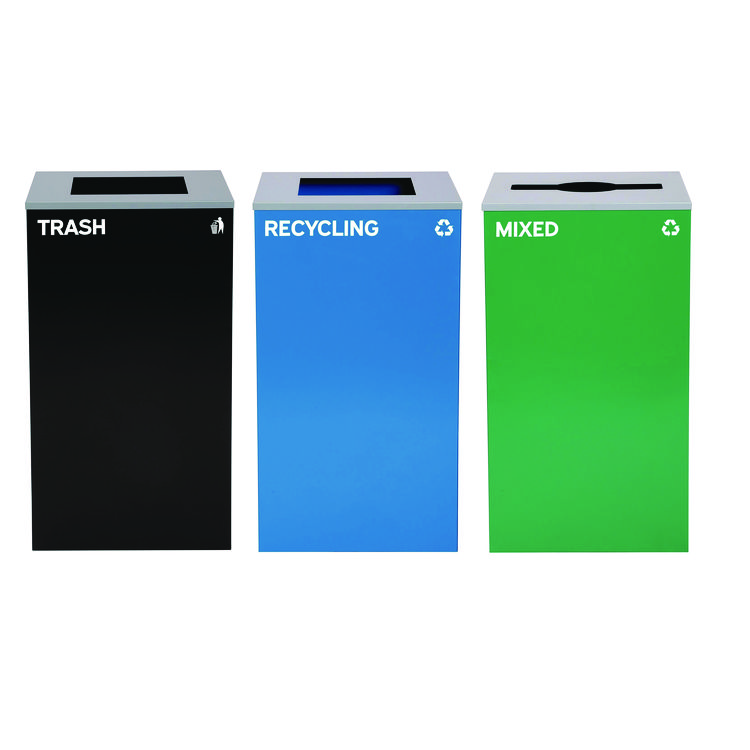 ALPINE INDUSTRIES 29 Gallon Trash/Recycling Cans, Steel, Blue Recycling and Black Trash Cans w/Square Lid, Green Mixed Recycling Can Mixed Lid (ALH4450BLKKIT22)