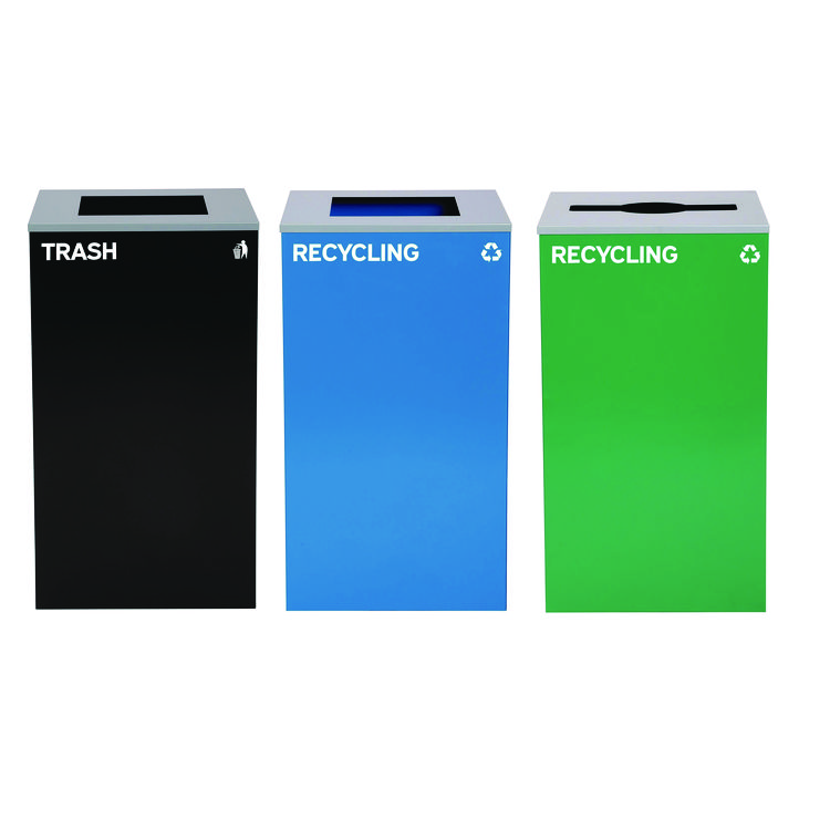 ALPINE INDUSTRIES 29 Gallon Trash/Recycling Cans, Steel, Blue Recycling Can and Black Trash Can w/Sq Lid, Green Recycling Can with Mixed Lid (ALH4450BLKKIT21)
