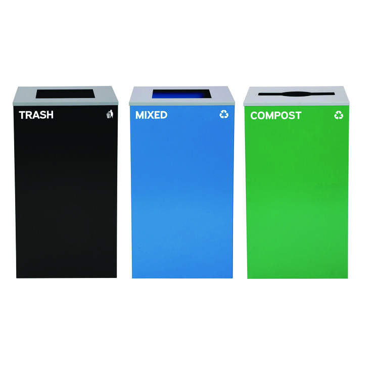 ALPINE INDUSTRIES 29 Gallon Trash/Recycling Cans, Steel, Blue Mixed Recycling and Black Trash Cans w/Square Lids, Green Compost Can w/Mixed Lid (ALH4450BLKKIT24)