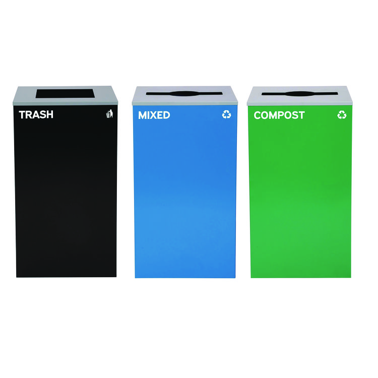 ALPINE INDUSTRIES 29 Gallon Trash/Recycling Cans, Steel, Blue Mixed Recycling and Green Compost Cans w/Mixed Lids, Black Trash Can w/Square Lid (ALH4450BLKKIT28)