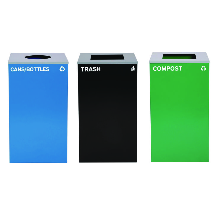ALPINE INDUSTRIES 29 Gallon Trash/Recycling Cans, Steel, Blue Cans/Bottles with Circle Lid, Green Compost and Black Trash Cans with Square Lids (ALH4450BLKKIT34)