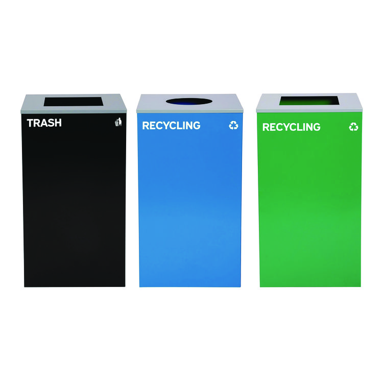 ALPINE INDUSTRIES 29 Gallon Trash/Recycling Cans, Steel, Blue Recycling Can w/Circle Lid, Green Recycling Can and Black Trash Can w/Square Lids (ALH4450BLKKIT35)