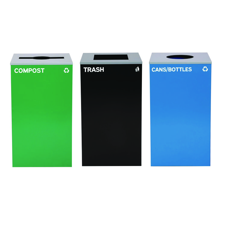 ALPINE INDUSTRIES 29 Gallon Trash/Recycling Cans, Steel, Blue Cans/Bottles Recycling w/Circle Lid, Green Compost w/Mixed Lid, BK Trash w/Sq Lid (ALH4450BLKKIT38)