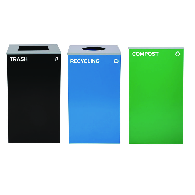 ALPINE INDUSTRIES 29 Gallon Trash/Recycling Cans, Steel, Blue Recycling Can w/Circle Lid, Green Compost Can and Black Trash Can w/Square Lids (ALH4450BLKKIT32)