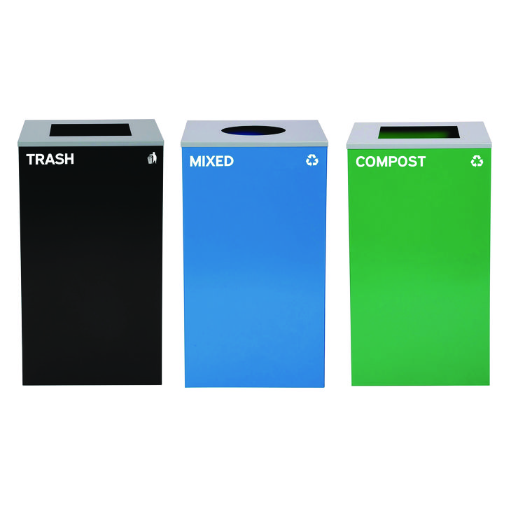 ALPINE INDUSTRIES 29 Gallon Trash/Recycling Cans, Steel, Blue Mixed Recycling Can w/Circle Lid, Green Compost and Black Trash Cans w/Sq Lids (ALH4450BLKKIT33)