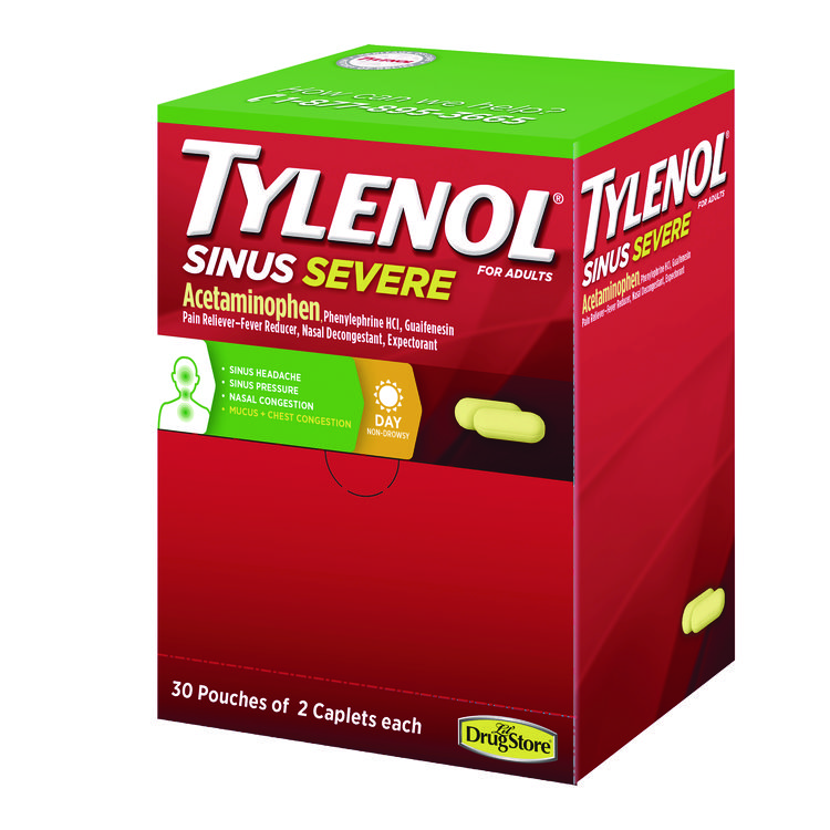 Tylenol Sinus Severe Acetaminophen Daytime Pain Reliever Caplet, 2 Caplets/Packet, 30 Packets/Box (JOJ64578)