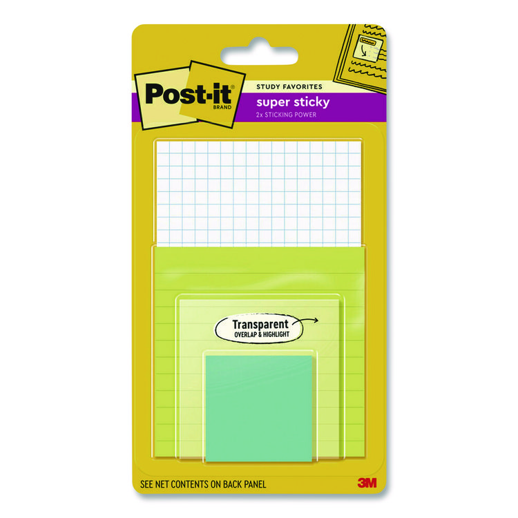 Post-it Notes Super Sticky Pad Collection Assortment Pack with Transparent Notes, Assorted Colors/Ruling/Sizes, 4 Pads/Pack (MMM4622SSGRIDTR)