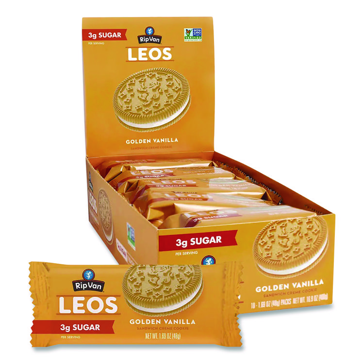 Rip Van Leos Golden Vanilla Sandwich Cookies, 2 Cookies/Pack, 10 Packs/Box (RIPRVW62001)