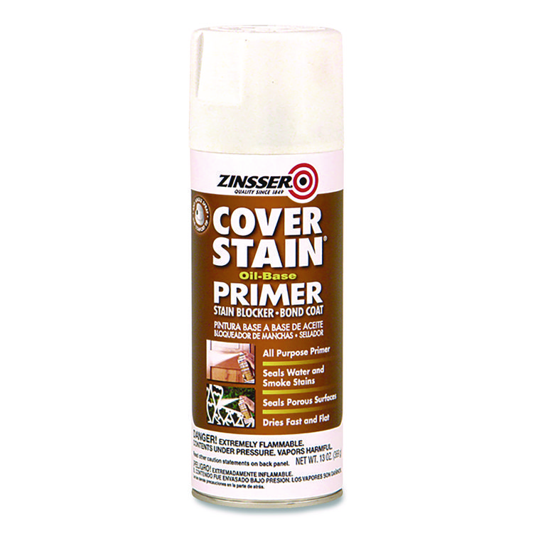 Zinsser Cover Stain Oil-Based Spray Primer, Interior/Exterior, Flat White, 13 oz Aerosol Can, 6/Carton (RST3608)