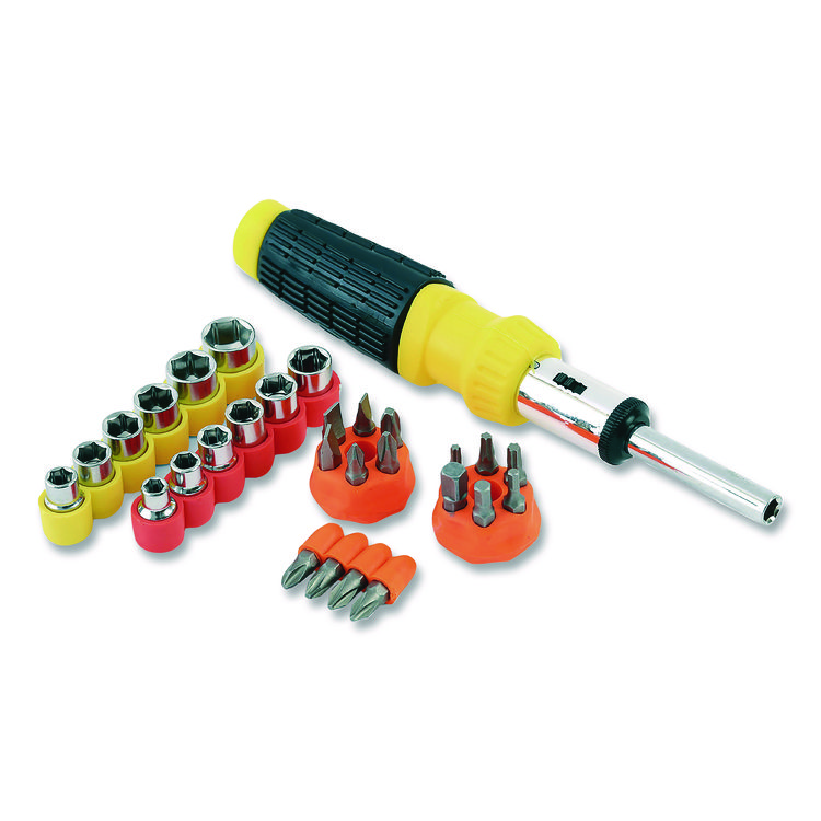 Great Neck Ratcheting Screw/Nut Driver Set, 34-Piece, Hex/Phillips/Slotted/Star Bits, Metric/SAE Sockets, 8" Long, Yellow/Black Handle (GNS92018)