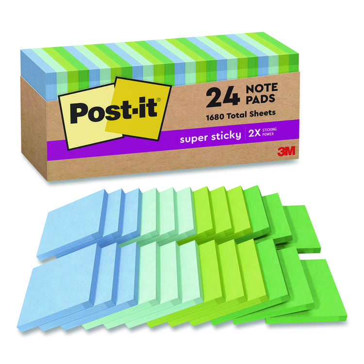 Post-it Notes Super Sticky 100% Recycled Paper Super Sticky Notes, 3" x 3", Oasis, 70 Sheets/Pad, 24 Pads/Pack (MMM654R24SSTCP)