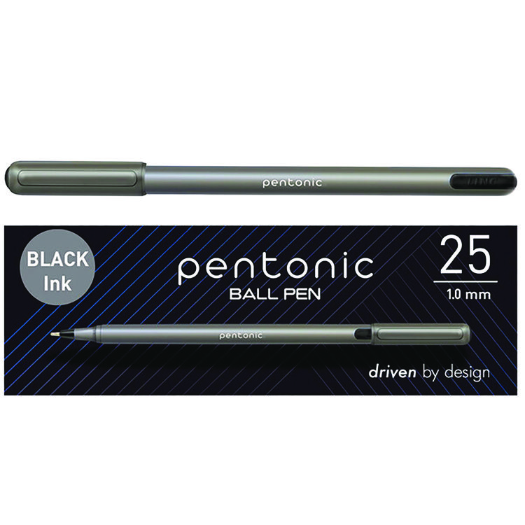 TOPS PENTONIC Ballpoint Pen, Stick, Medium 1 mm, Black Ink, Charcoal Gray Barrel, 25/Pack (PNT12128)