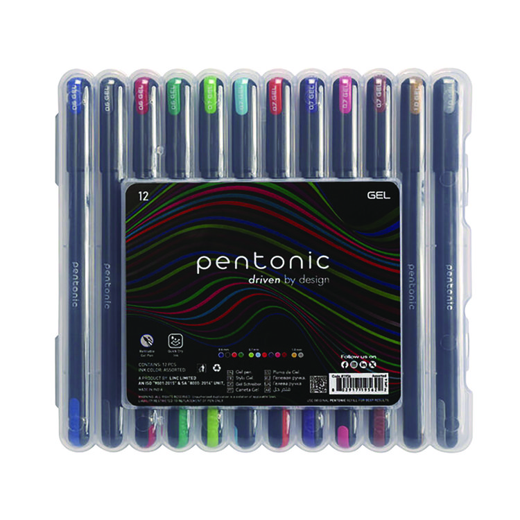 TOPS PENTONIC Gel Pen, Stick, Assorted Point Sizes, Assorted Ink Colors, Black Barrel, 12/Pack (PNT12185)
