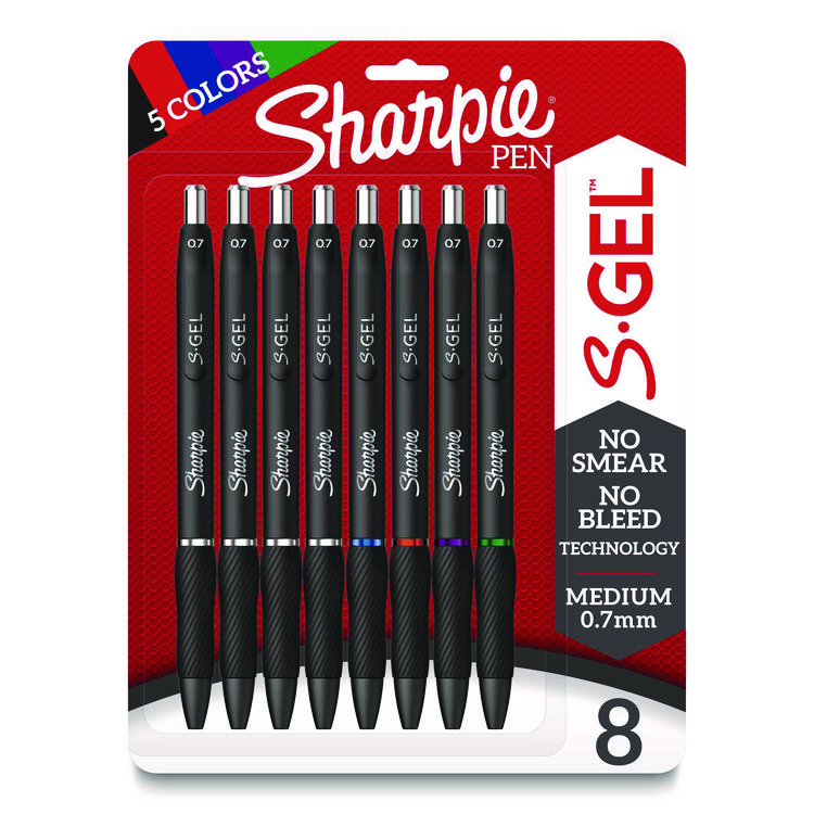 Sharpie S-Gel S-Gel High-Performance Gel Pen, Retractable, Medium 0.7 mm, Assorted Ink Colors, Black Barrel, 8/Pack (SAN2126231)