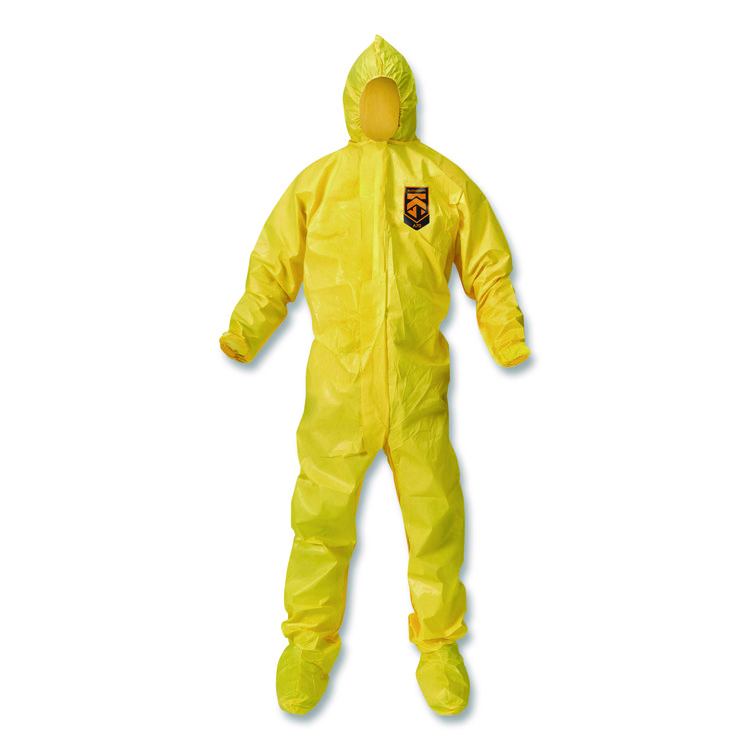 KleenGuard A70 Chemical Spray Protection Coveralls, Elastic Wrists, Ankles, Hood and Boots, Large, Yellow, 12/Carton (ANS00683)
