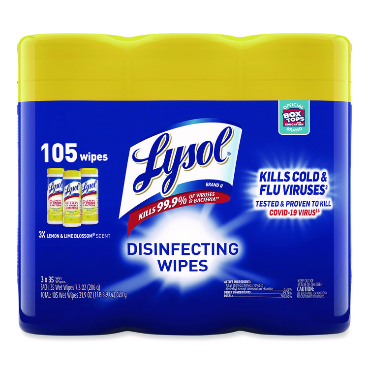 LYSOL Brand Disinfecting Wipes, 1-Ply, 7 x 7.25, Lemon and Lime Blossom, White, 35 Wipes/Canister, 3 Canisters/Pack, 4 Packs/Carton (RAC82159CT)