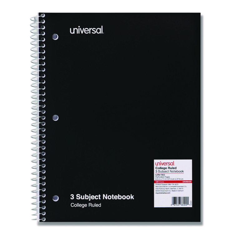 Universal Wirebound Notebook, 3-Subject, Medium/College Rule, Black Cover, (120) 11 x 8.5 Sheets (UNV66400)