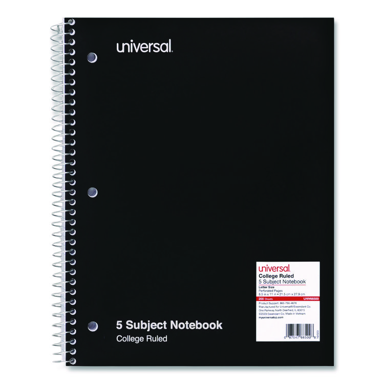 Universal Wirebound Notebook, 5-Subject, Medium/College Rule, Black Cover, (200) 11 x 8.5 Sheets (UNV66500)
