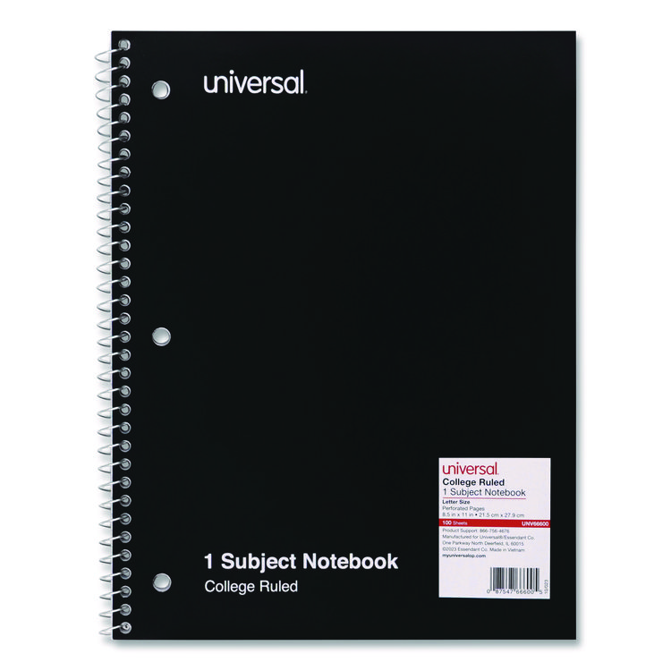 Universal Wirebound Notebook, 1-Subject, Medium/College Rule, Black Cover, (100) 11 x 8.5 Sheets (UNV66600)