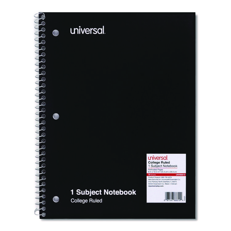 Universal Wirebound Notebook, 1-Subject, Medium/College Rule, Black Cover, (70) 10.5 x 8 Sheets (UNV66610)