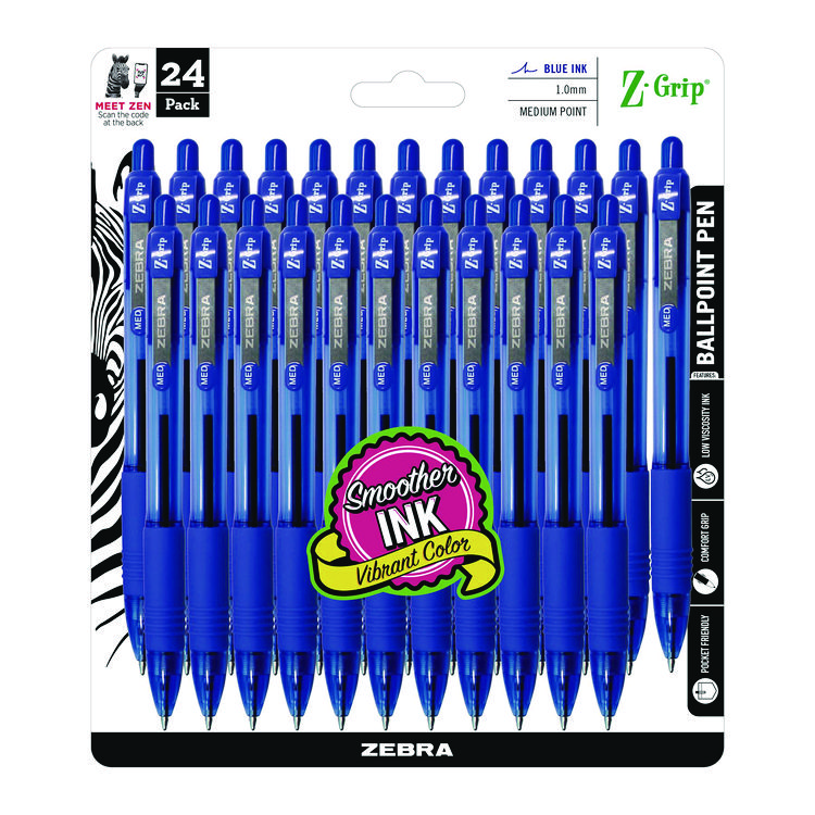 Zebra Z-Grip Ballpoint Pen, Retractable, Medium 1 mm, Blue Ink, Translucent Blue/Blue Barrel, 24/Pack (ZEB12225)