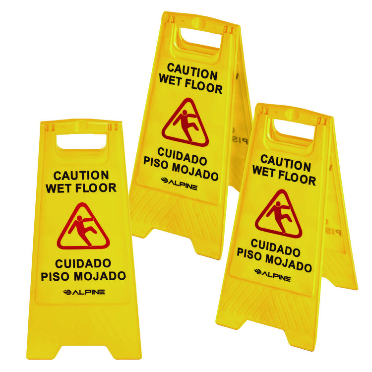 ALPINE INDUSTRIES Bilingual Caution Wet Floor Sign, 11.8 x 0.7 x 24.6, Yellow, 3/Carton (ALHALP4993)