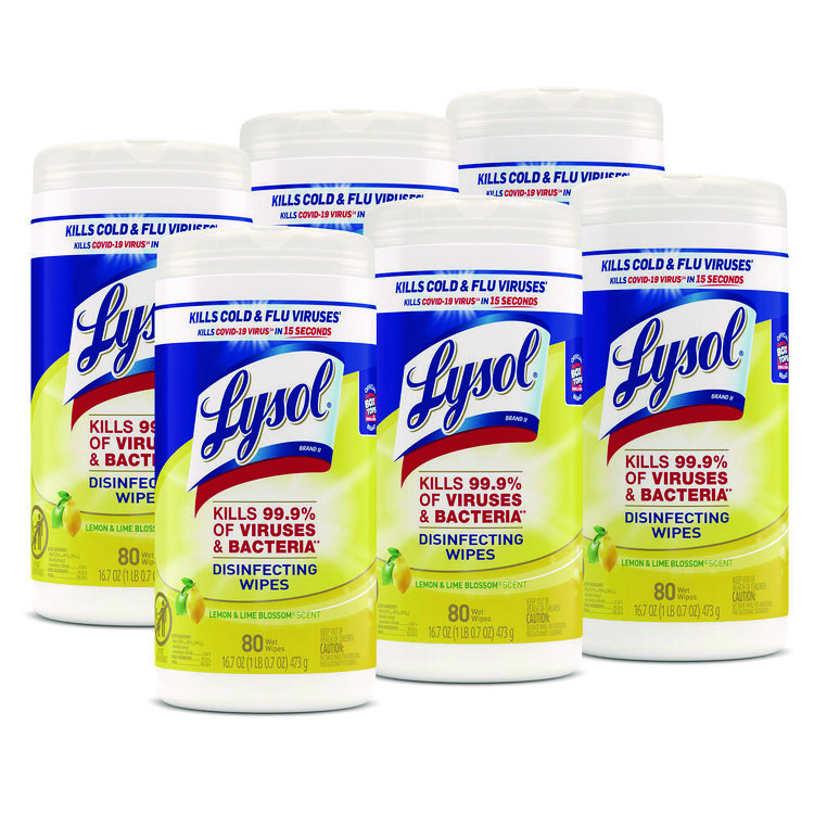 LYSOL Brand Disinfecting Wipes, 1-Ply, 7 x 7.25, Lemon and Lime Blossom, White, 80 Wipes/Canister, 6 Canisters/Carton (RAC77182CT)