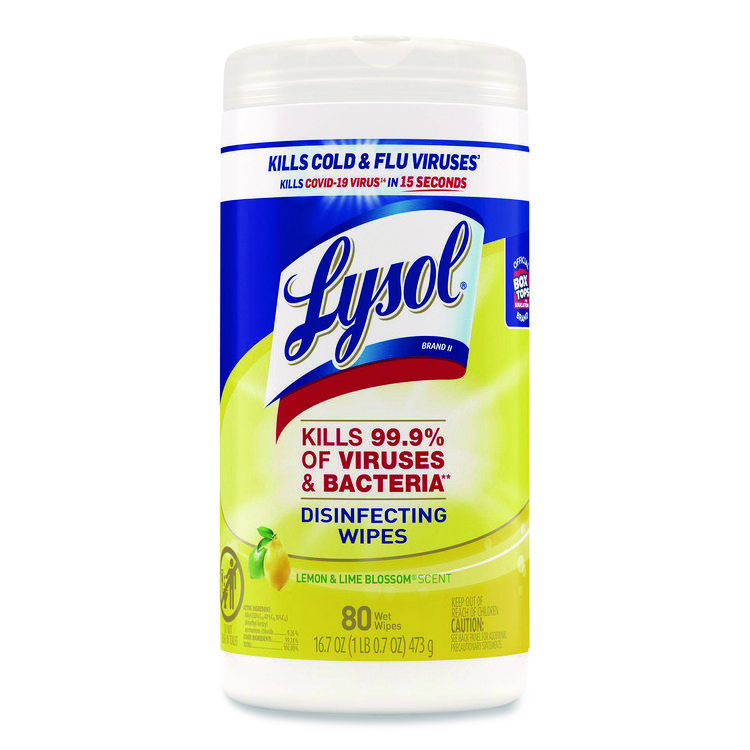 LYSOL Brand Disinfecting Wipes, 1-Ply, 7 x 7.25, Lemon and Lime Blossom, White, 80 Wipes/Canister (RAC77182EA)