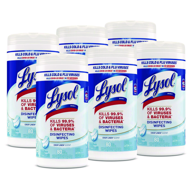 LYSOL Brand Disinfecting Wipes, 1-Ply, 7 x 7.25, Crisp Linen, White, 80 Wipes/Canister, 6 Canisters/Carton (RAC89346CT)