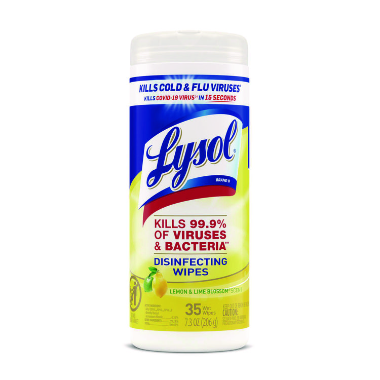 LYSOL Brand Disinfecting Wipes, 1-Ply, 7 x 7.25, Lemon and Lime Blossom, White, 35 Wipes/Canister (RAC81145)