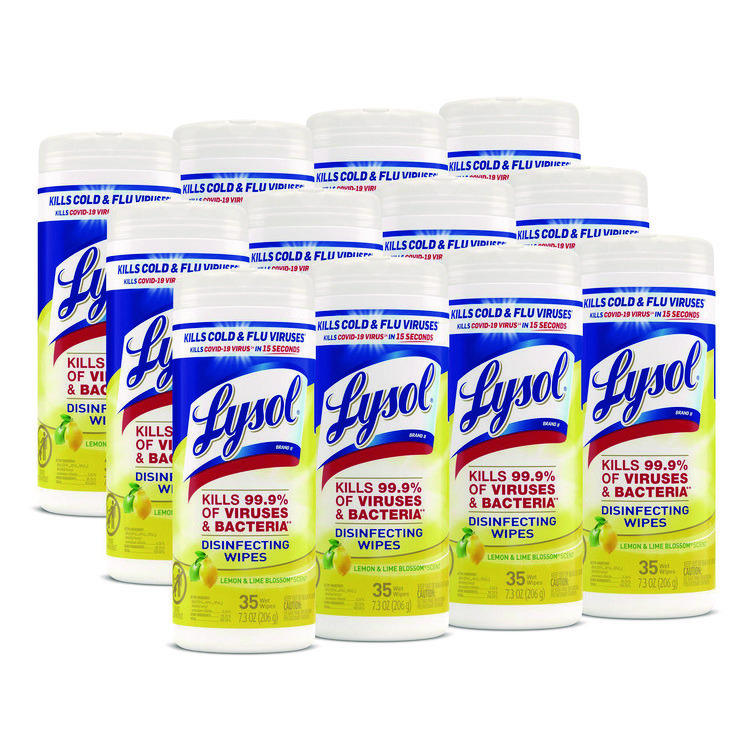 LYSOL Brand Disinfecting Wipes, 1-Ply, 7 x 7.25, Lemon and Lime Blossom, White, 35 Wipes/Canister, 12 Canisters/Carton (RAC81145CT)