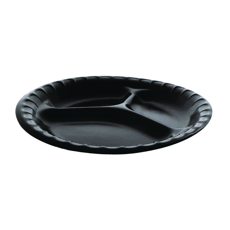 Pactiv Evergreen Placesetter Deluxe Laminated Foam Dinnerware, 3-Compartment Plate, 9" dia, Black, 200/Carton (PCTYCI81113)
