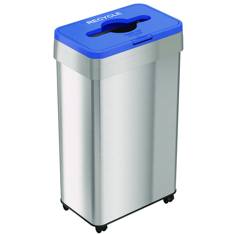 HLS COMMERCIAL Open Top Recycling Bin with Wheels and Color-Coded Lid, 21 gal, Plastic/Stainless Steel, Silver/Blue (HLMHLS21UOTMREC)