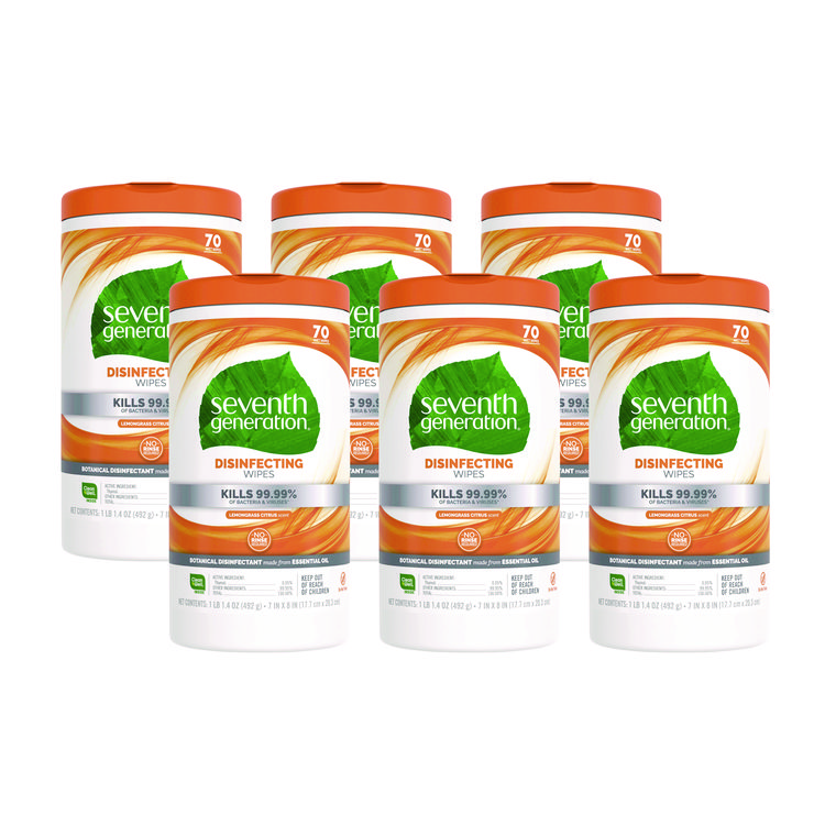 Seventh Generation Botanical Disinfecting Wipes, 7 x 8, Lemongrass Citrus, 70 Count, 6/Carton (SEV22813CT)