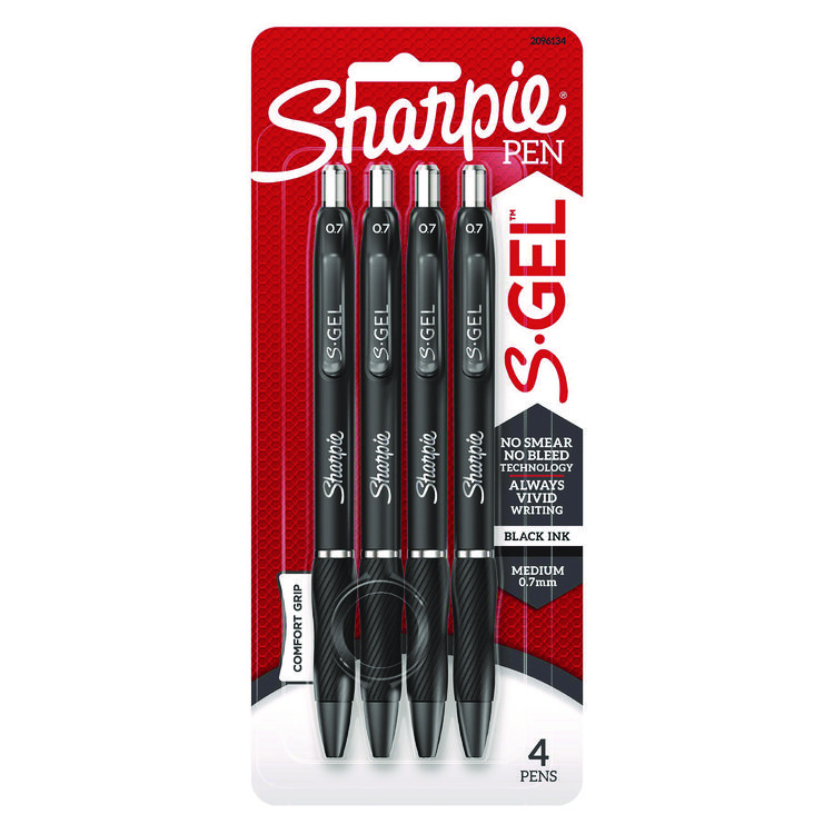 Sharpie S-Gel S-Gel High-Performance Gel Pen, Retractable, Medium 0.7 mm, Black Ink, Black Barrel, 4/Pack (SAN2096134)