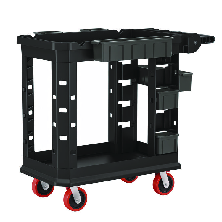Suncast Commercial Heavy Duty Plus Utility Cart, Plastic, 2 Shelves, 6 Bins, 500 lb Capacity, 19.5" x 41.78" x 34.81", Black (SUAPUCHD1937)