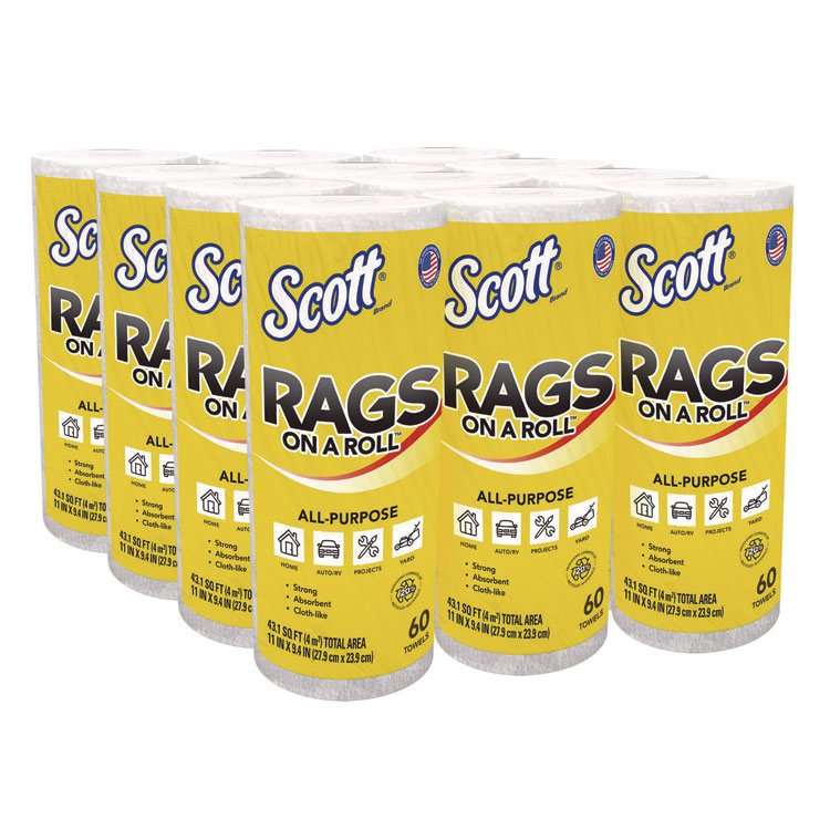 Scott Rags On A Roll, 1-Ply, 9.4 x 11, White, 60/Roll, 12 Rolls/Carton (KCC54992)