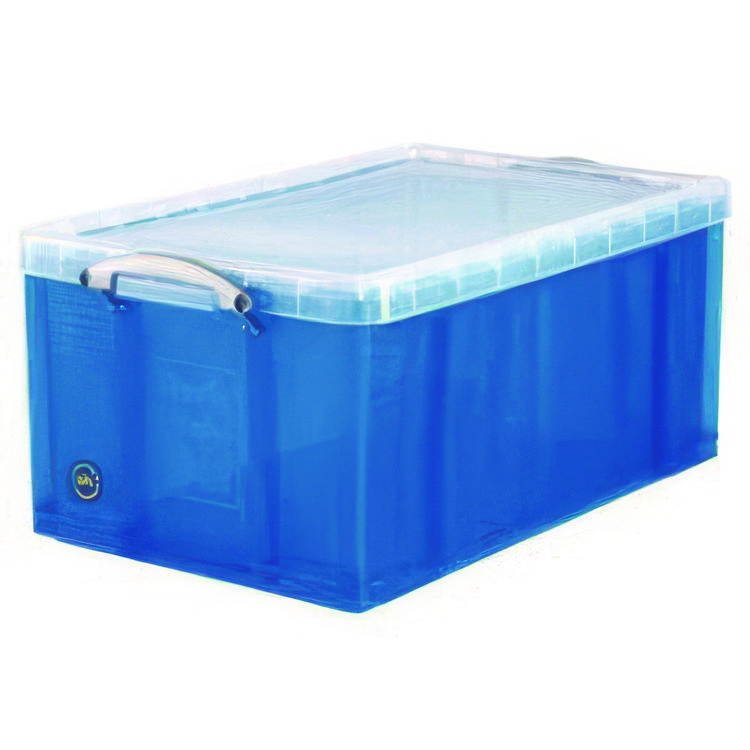 Really Useful Box Snap-Lid Storage Bin, 16.9 gal, 17.31" x 28" x 12.25", Transparent Blue (RUA64LTBL)