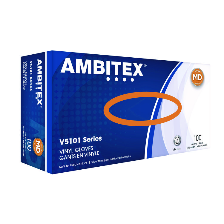 AMBITEX V5101 Series Latex-Free Lightly Powdered Vinyl Gloves, Medium, 3 mil Thick, 9" Long, Clear, 100/Box (TXIVMD5101)