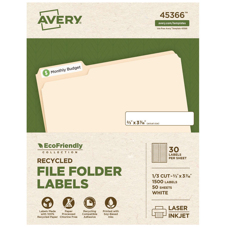 Avery EcoFriendly Permanent File Folder Labels, 0.66 x 3.44, White, 30/Sheet, 50 Sheets/Pack (AVE45366)